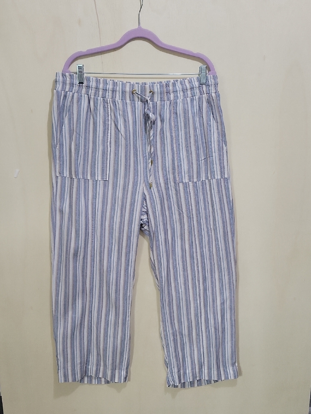 Ellen Tracy Blue & Cream Striped Beachy Cropped Drawstring Pants, Sz L, Coastal